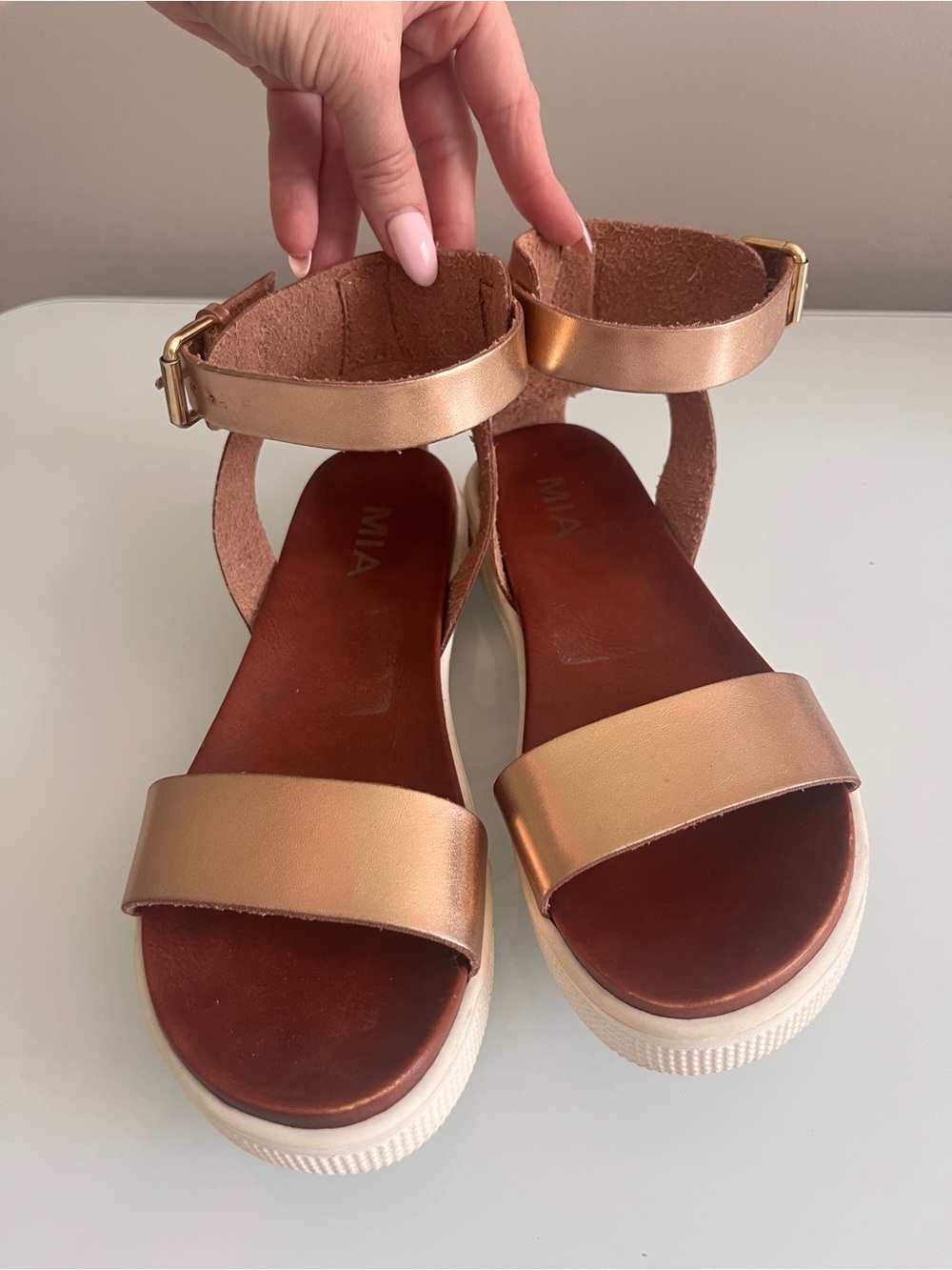 MIA Metallic Rose Gold Ankle-Strap Platform Sandals